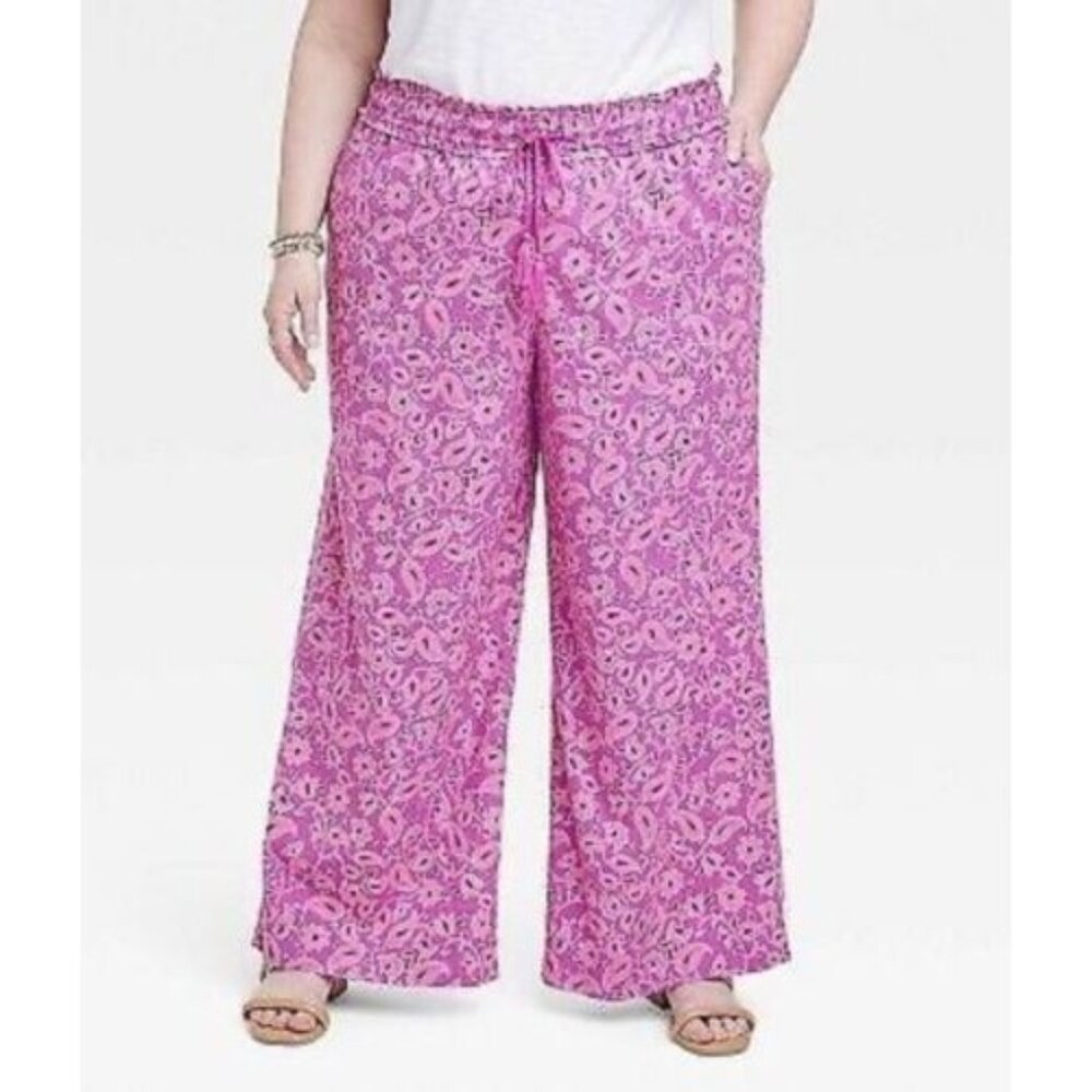 NWT Women's 4XL Knox Rose Relaxed Fit Wide Leg Pants Magenta Linen Feel Paisley